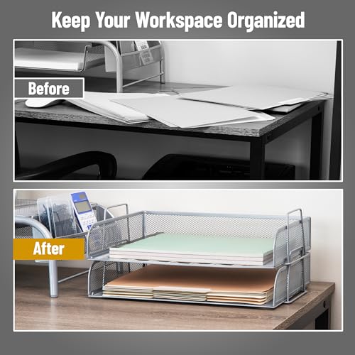 Mind Reader Stackable Paper Tray, Desktop Organizer, File Storage, Office, Metal Mesh, 13.25" L x 9.75" W x 6.25" H, 2 Pcs., Silver - Image 5