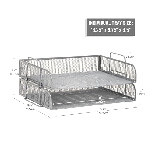 Mind Reader Stackable Paper Tray, Desktop Organizer, File Storage, Office, Metal Mesh, 13.25" L x 9.75" W x 6.25" H, 2 Pcs., Silver - Image 3