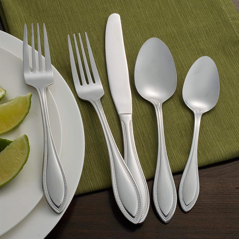 Pfaltzgraff American Bead 61Piece Stainless Steel Flatware Set with Serving Utensil Set Steak Knives and Iced Tea Spoons Service for 8 - Image 3
