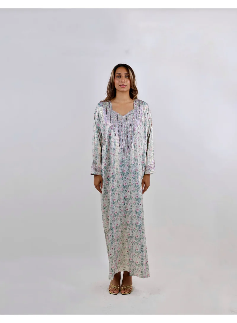 Jameela  Floral Print Jalabiya with Shimmering Rhinestone Bodice for Women | Best Price UAE
