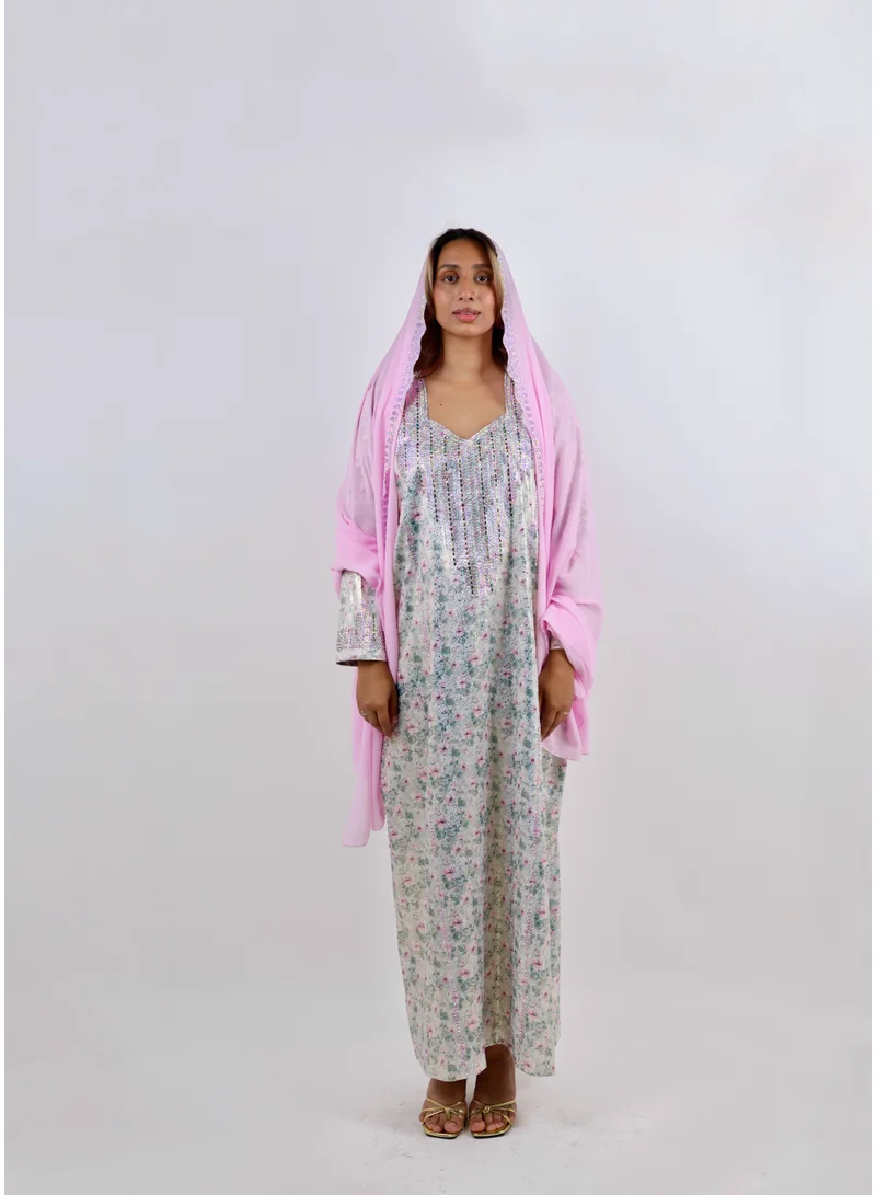Jameela  Floral Print Jalabiya with Shimmering Rhinestone Bodice for Women | Best Price UAE