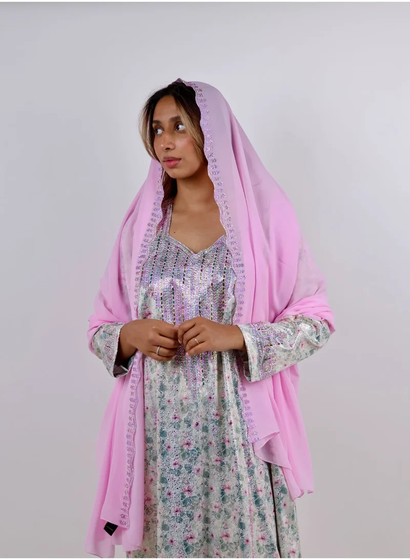 Jameela  Floral Print Jalabiya with Shimmering Rhinestone Bodice for Women | Best Price UAE