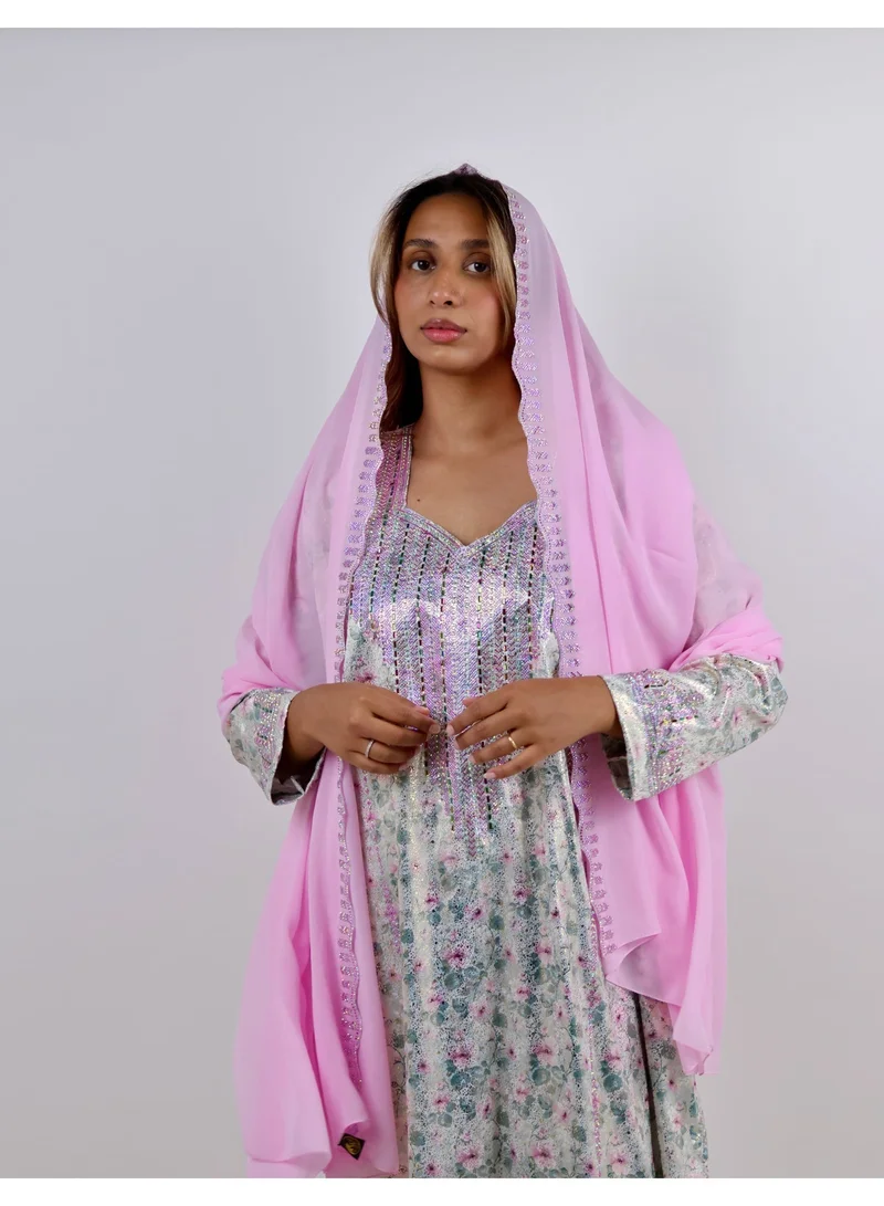 Jameela  Floral Print Jalabiya with Shimmering Rhinestone Bodice for Women | Best Price UAE