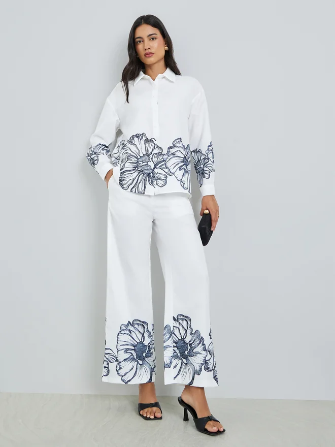 Styli Styli White Floral Print Straight Leg Pants