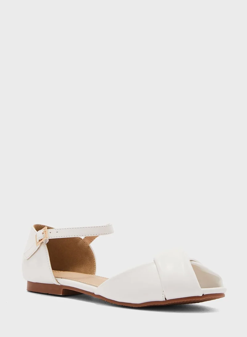 ELLA Peeptoe Ankle Strap Flat Shoe White