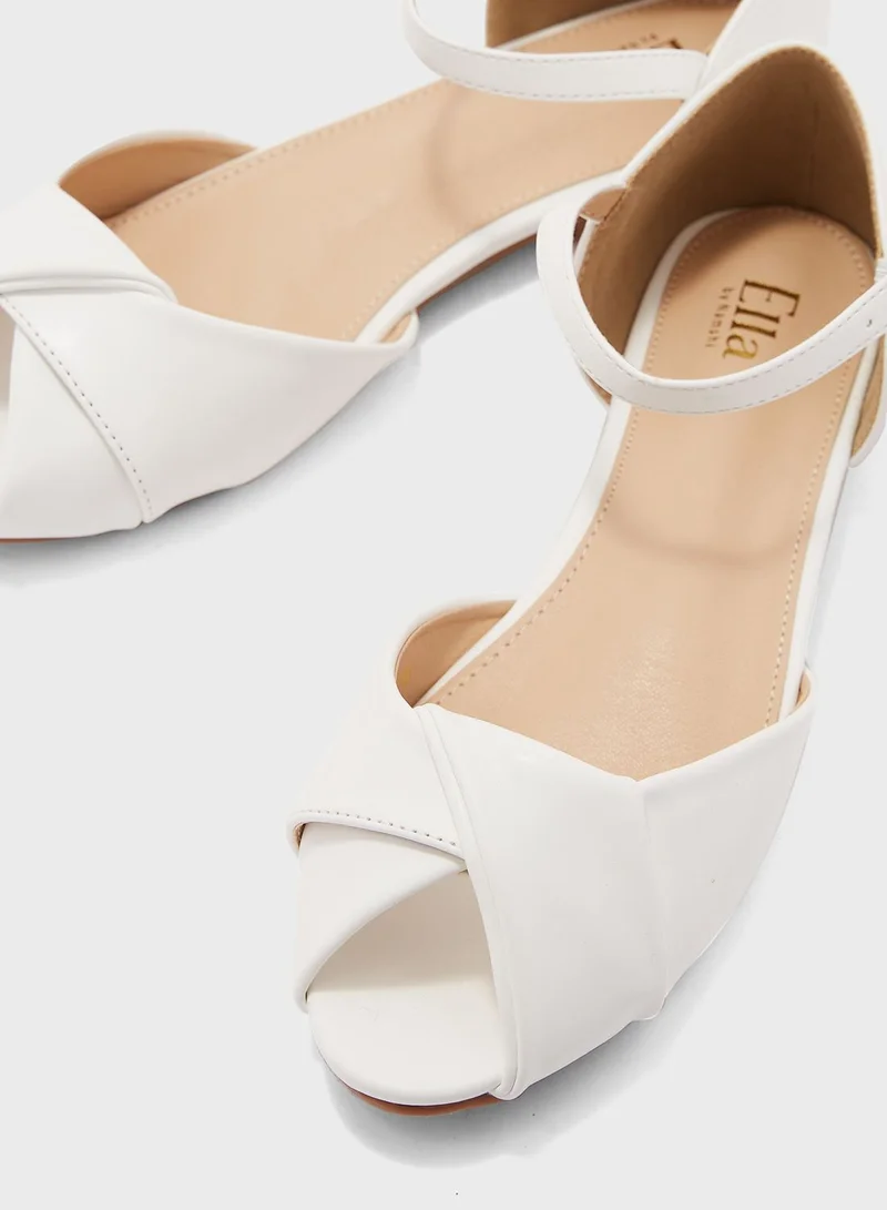 ELLA Peeptoe Ankle Strap Flat Shoe White