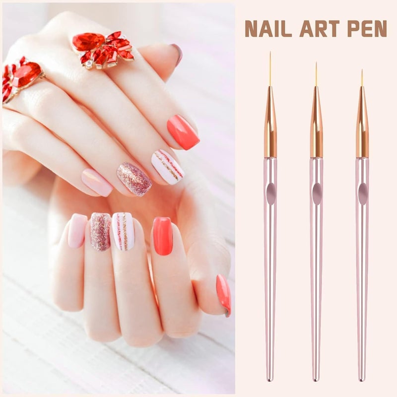 Ruby Face Rubyface 3PCS Rose Gold Nail Liner Brush Nail Design Brushes Thin Nail Art Brush Liner Brush for Nail Paint Brushes for Acrylic Nail Polish UV Gel (7/9/11mm) - Image 2