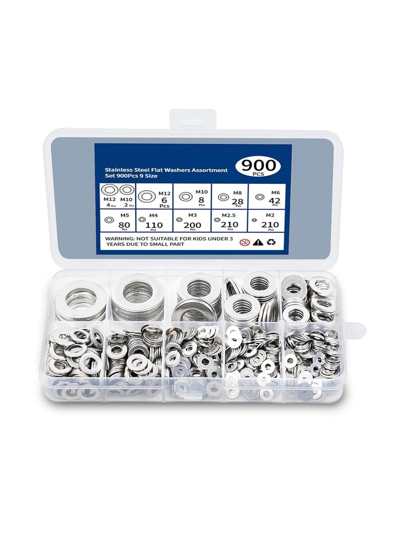 GUDOO 900 Pcs Stainless Steel Flat Washers for Screws, 304 Stainless Steel, Assorted Sizes (M2 M2.5 M3 M4 M5 M6 M8 M10 M12) for Industrial Use, Washers for Bolts - Image 1