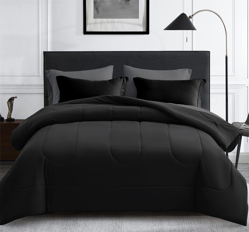 MapleStone Queen Size Comforter Set 7 Pieces Bed in a Bag  Down Alternative Bed Set with Sheets Pillowcases  Shams Soft Reversible Duvet Insert for Queen Bed Black