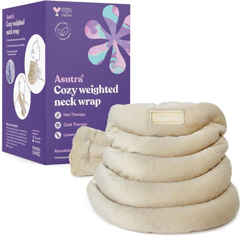 ASUTRA Weighted Neck Wrap Champagne  HandsFree Microwaveable Heating Pad for Neck and Shoulders Hot and Cold Compress Lavender Aromatherapy - Image 1
