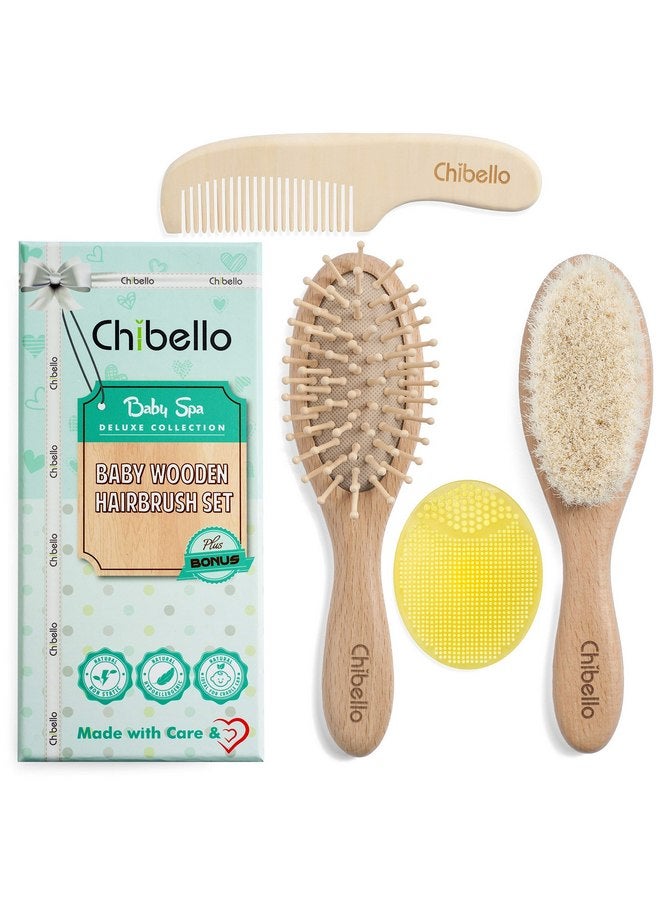 Chibello Chibello Baby Hair Care Set - 4 Piece Wooden Brush and Comb Set with Natural Goat Bristles, Ideal for Preventing Cradle Cap, Perfect for Baby Shower and Registry - Image 1