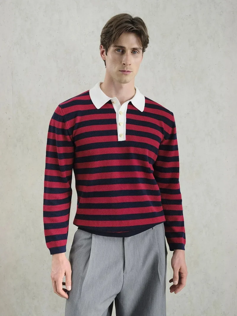 GIESTO Striped Ribbed Knitwear Sweater with Polo Collar