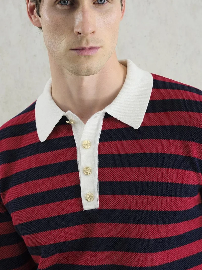 Giesto Red GIESTO Striped Ribbed Knitwear Sweater with Polo Collar for Men | Best Price UAE