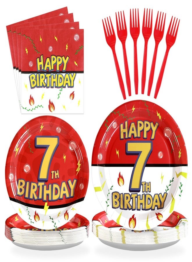 Grencian 96Pcs Happy 7th Birthday Party Supplies Cartoon Anime Themed Paper Plates and Napkins Tableware Sets Red and White Decoration for 7 Year Old Birthday Kids Children Party Serves 24 - Image 1