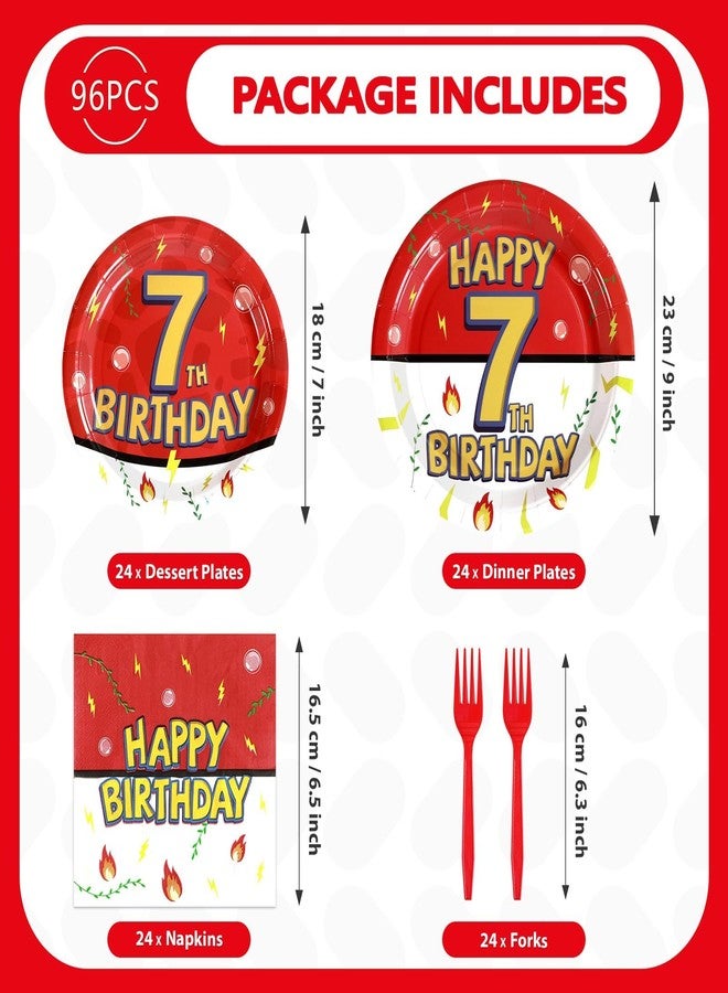 Grencian 96Pcs Happy 7th Birthday Party Supplies Cartoon Anime Themed Paper Plates and Napkins Tableware Sets Red and White Decoration for 7 Year Old Birthday Kids Children Party Serves 24 - Image 2