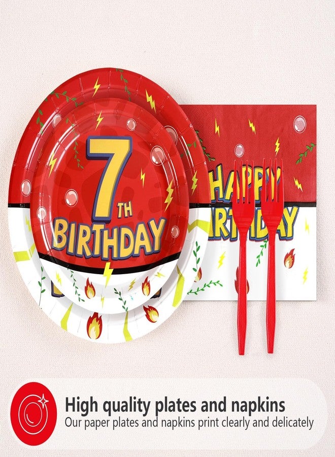 Grencian 96Pcs Happy 7th Birthday Party Supplies Cartoon Anime Themed Paper Plates and Napkins Tableware Sets Red and White Decoration for 7 Year Old Birthday Kids Children Party Serves 24 - Image 3