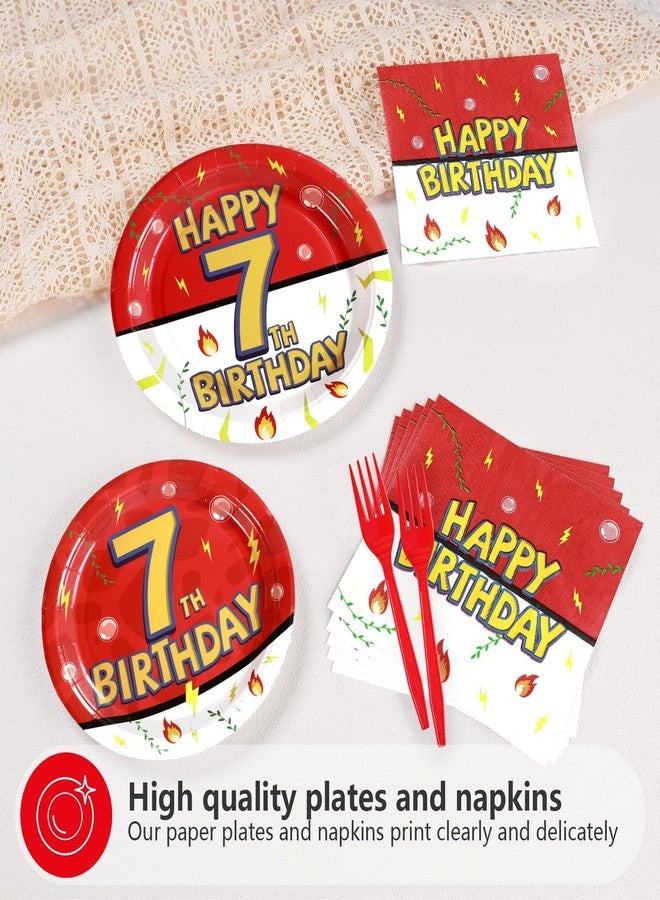 Grencian 96Pcs Happy 7th Birthday Party Supplies Cartoon Anime Themed Paper Plates and Napkins Tableware Sets Red and White Decoration for 7 Year Old Birthday Kids Children Party Serves 24 - Image 4