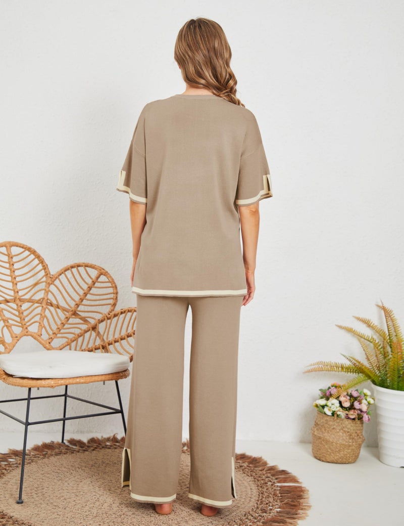 Tanming Sweater Sets Women 2 Piece Lounge Sets Short Sleeve Knit Pullover Tops Wide Leg Pants (DarkKhaki-M) - Image 3