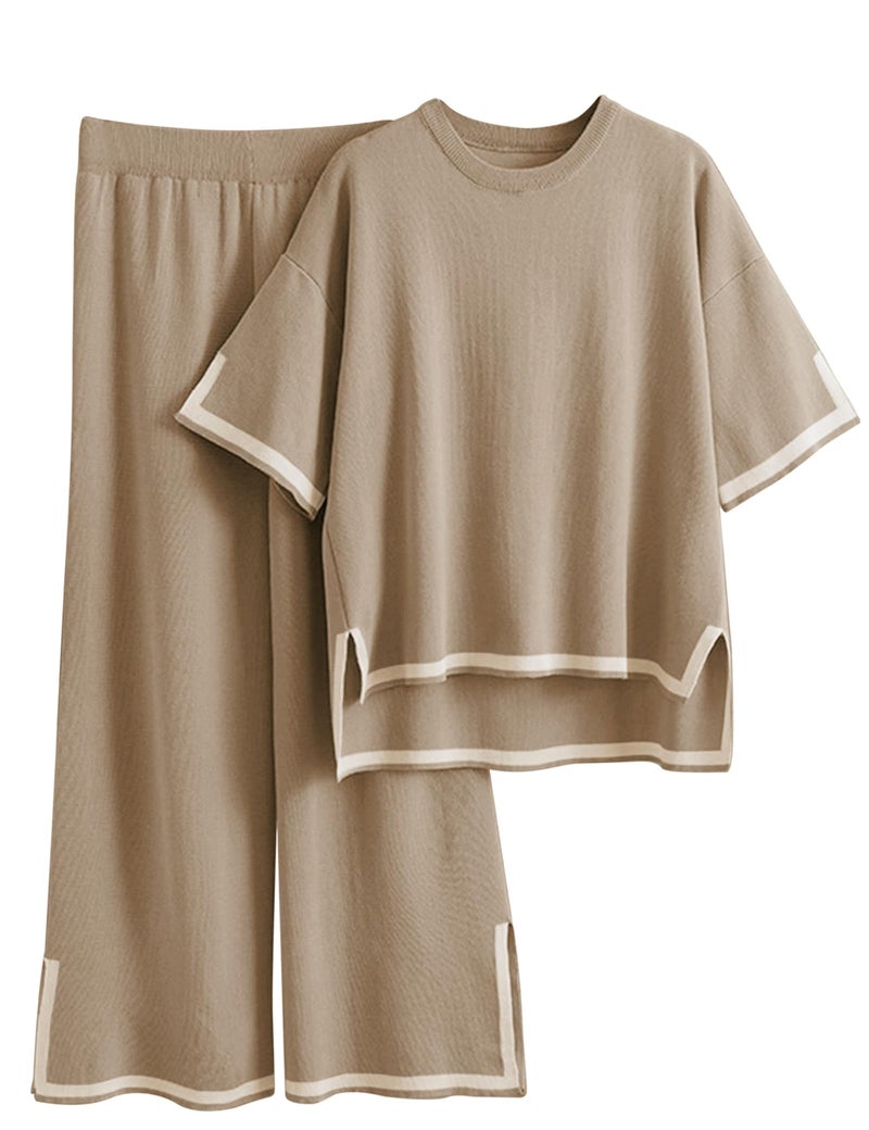 Tanming Sweater Sets Women 2 Piece Lounge Sets Short Sleeve Knit Pullover Tops Wide Leg Pants (DarkKhaki-M) - Image 1