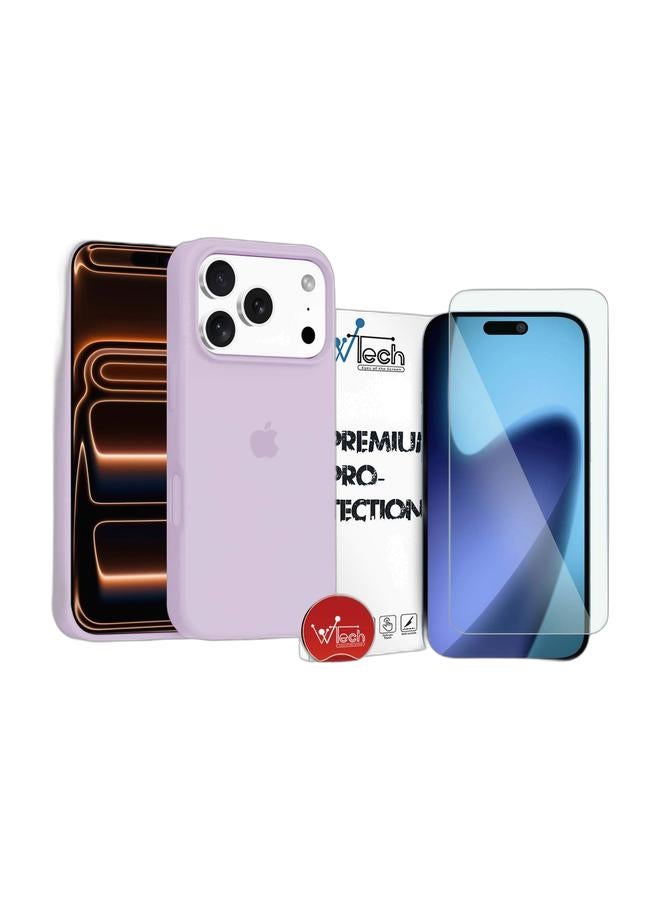Wtech Apple iPhone 17 Pro Max 5G 2025 Luxury Premium Quality Liquid Silicone Case Cover (MCRPSN) - Lavender & Apple iPhone 17 Pro Max 5G 2025 WTech Premium Series Curved Edges 9H 2.5D Tempered Glass Screen Protector (MSG9CN) - Clear Bundle - Image 1
