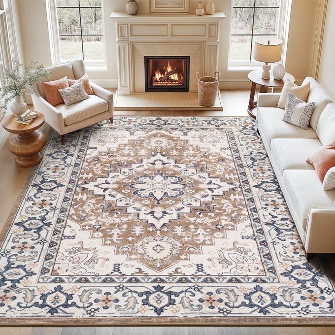 8X10 AREA RUGS FOR LIVING ROOM WASHABLE AREA RUG RUGS FOR BEDROOM KITCHEN VINTAGE BOHO CARPET SOFT NONSLIP LOW PILE LARGE AREA RUG FOR OFFICE DINING ROOM FLORAL BROWN