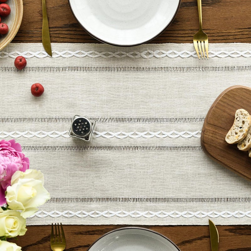 Ivory Rustic Linen Table Runner - 13x72 Inch Seasonal Embroidered Kitchen Dining Decoration - Image 2