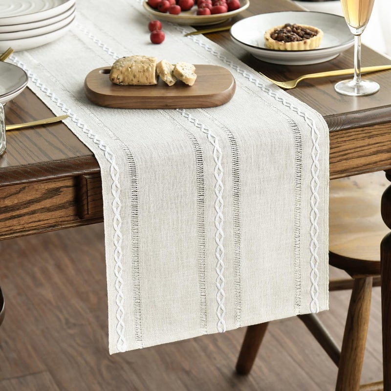 Ivory Rustic Linen Table Runner - 13x72 Inch Seasonal Embroidered Kitchen Dining Decoration - Image 1