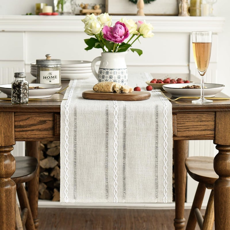Ivory Rustic Linen Table Runner - 13x72 Inch Seasonal Embroidered Kitchen Dining Decoration - Image 3