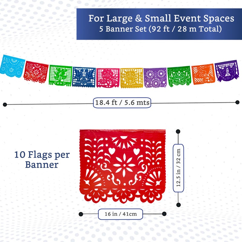FIESTA WRAPS Mexican Party Banners (5 Pack with 10 Plastic Flags per Banner) - Papel Picado Mexicano para Fiesta - Plastic Papel Picado - Fiesta Themed Party Decorations - Mexican Decor - Image 2