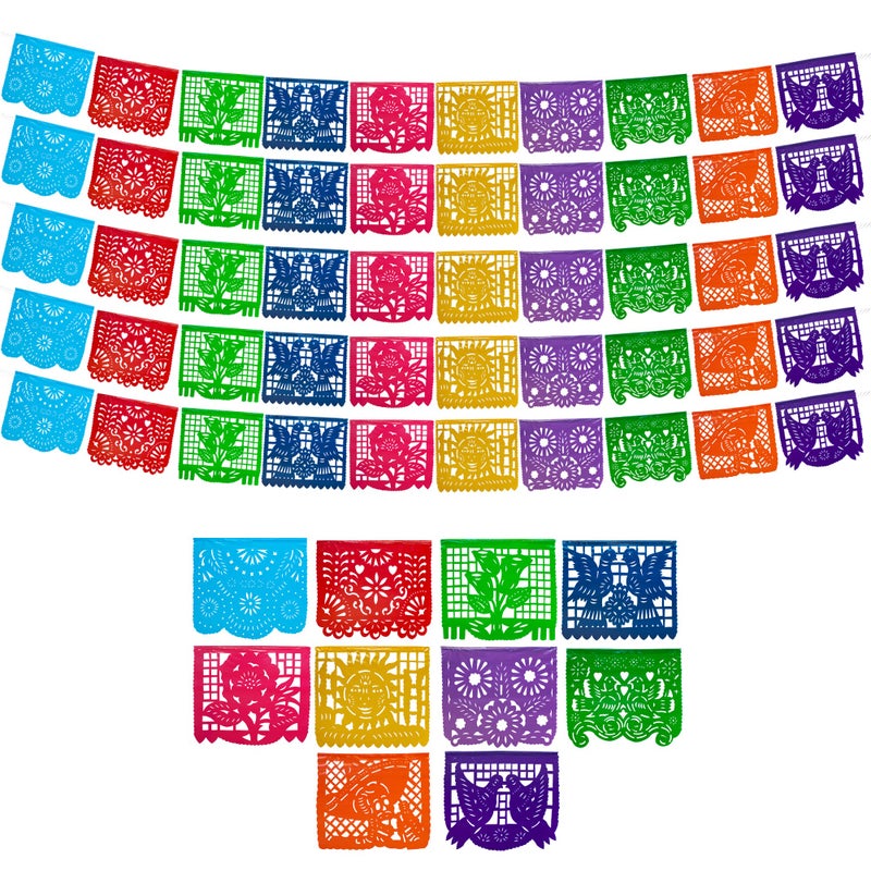 FIESTA WRAPS Mexican Party Banners (5 Pack with 10 Plastic Flags per Banner) - Papel Picado Mexicano para Fiesta - Plastic Papel Picado - Fiesta Themed Party Decorations - Mexican Decor - Image 1