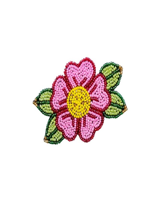 Abeo Handcrafted Beaded Flower Brooch, Pink and Yellow Hibiscus Design, 5-6 cm - Image 2