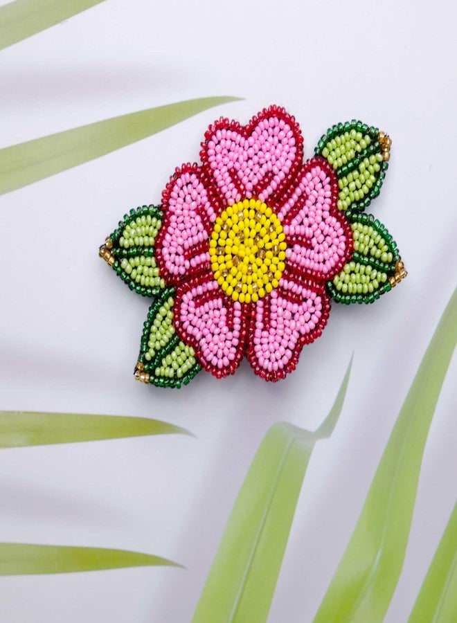 Abeo Handcrafted Beaded Flower Brooch, Pink and Yellow Hibiscus Design, 5-6 cm - Image 3