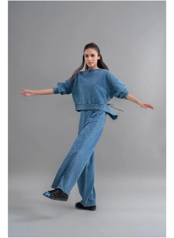 نسيسير Denim-Wash 100% Cotton Terry Ruched Set