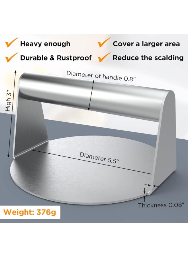 Stainless Steel Burger Press, 5.5" Round Crusher, Non-Stick Smooth Burger Press, Flat Bottom No Grooves, Perfect Bacon Grill for Grill Cooking - Image 3