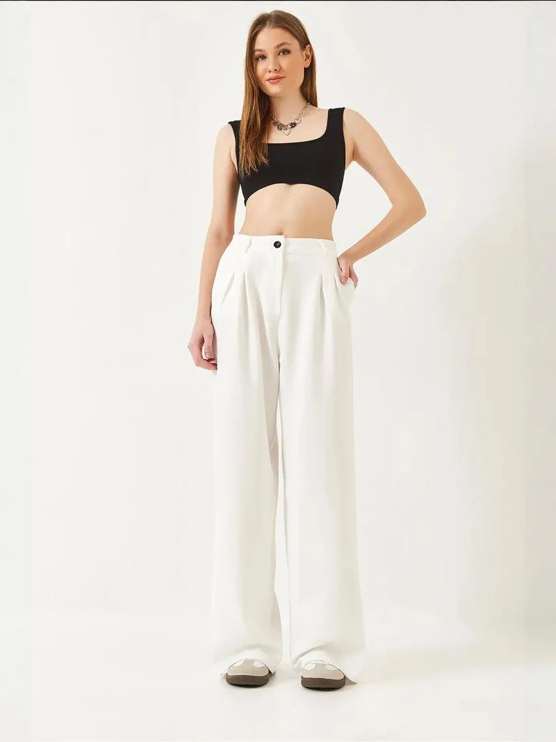 Bianco Lucci White LUCCI Wide Leg Pleated Pants for Women | Best Price UAE