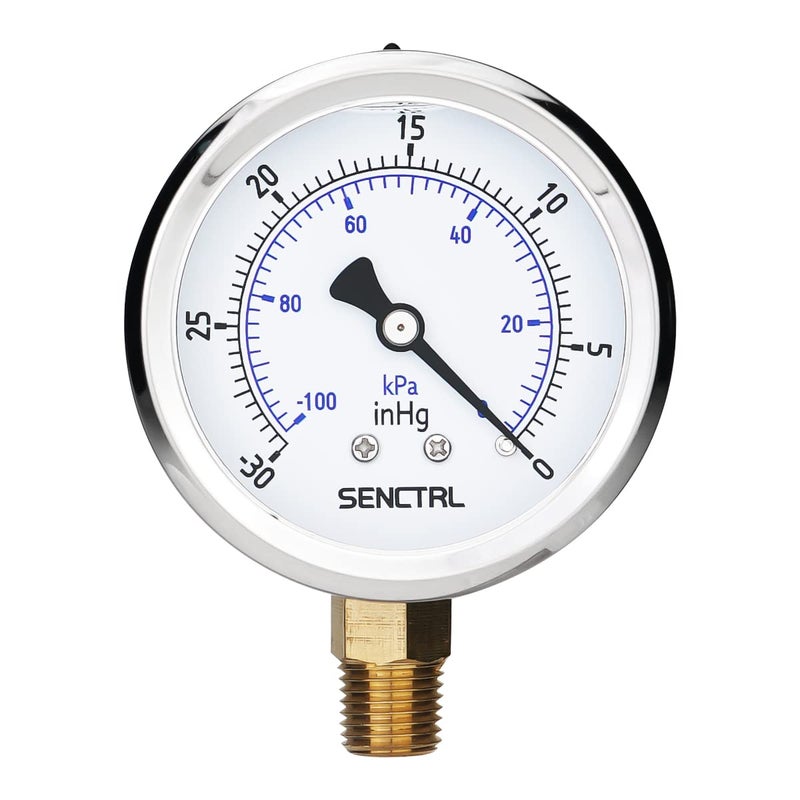 SENCTRL 30 inHg Vacuum Silicone Oil Liquid Filled Low Pressure Gauge, 2.5" Dial Size, 1/4" NPT Lower Mount, Stainless Steel Case, for Air Conditioning Manifolds, HVAC, Air Pump Vacuum Test - Image 1