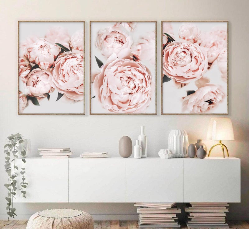 Pennclys Peony Wall Art Pink Flower Canvas Wall Art Prints Peonies Wall Art Abstract Flower Pictures Wall Decor Peony Painting Flower Poster for Living Room Bedroom 16x24 Inch (set of 3) Unframed - Image 1