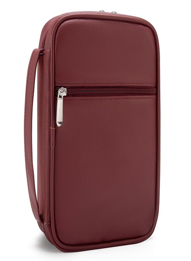 Aburbe Small Bible Cover Case for Women and Men, 9x6 PU Leather Bible Sleeve, Compact Travel Bible Carrier Bag with Front Pen Holders, Zipper Closure, Inner Pockets - Burgundy Red - Image 1
