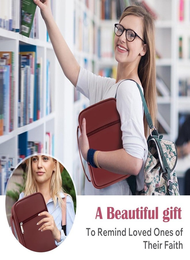 Aburbe Small Bible Cover Case for Women and Men, 9x6 PU Leather Bible Sleeve, Compact Travel Bible Carrier Bag with Front Pen Holders, Zipper Closure, Inner Pockets - Burgundy Red - Image 5