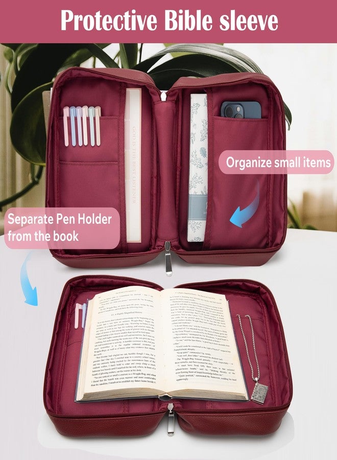 Aburbe Small Bible Cover Case for Women and Men, 9x6 PU Leather Bible Sleeve, Compact Travel Bible Carrier Bag with Front Pen Holders, Zipper Closure, Inner Pockets - Burgundy Red - Image 4