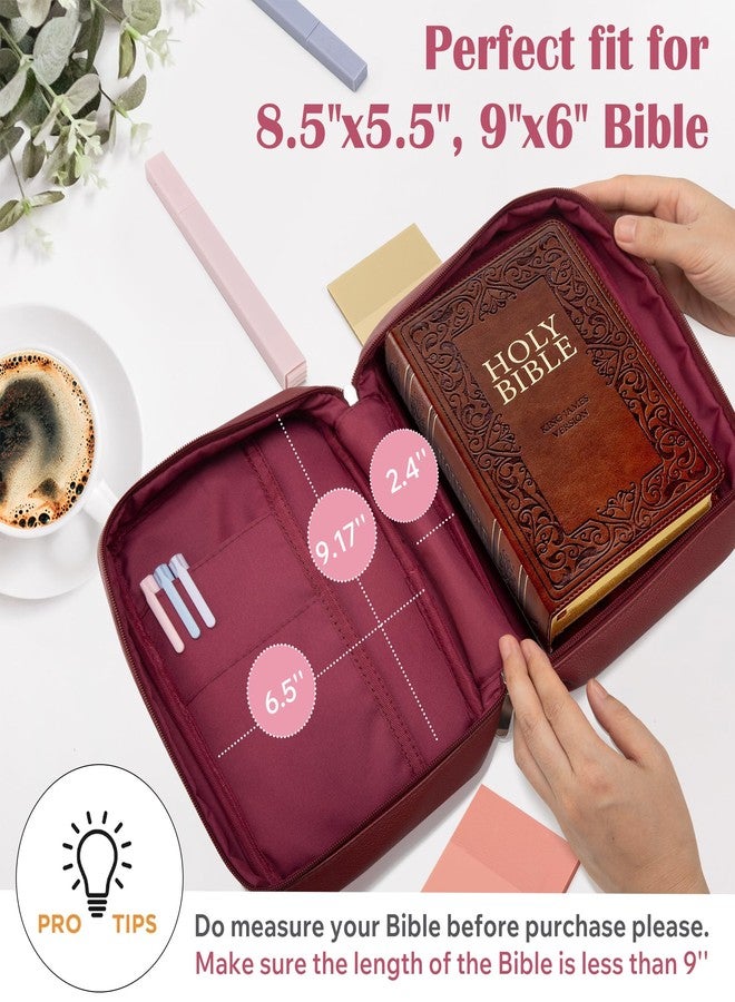 Aburbe Small Bible Cover Case for Women and Men, 9x6 PU Leather Bible Sleeve, Compact Travel Bible Carrier Bag with Front Pen Holders, Zipper Closure, Inner Pockets - Burgundy Red - Image 2