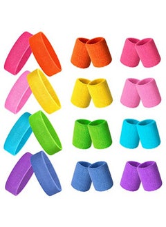 24 Pieces 80S Neon Sweatbands Set Include 8 Sports Headbands And 16 Sweat Wristbands Elastic Athletic Sweat Bands Bulk For Man Woman 80S Party (Bright Colors)