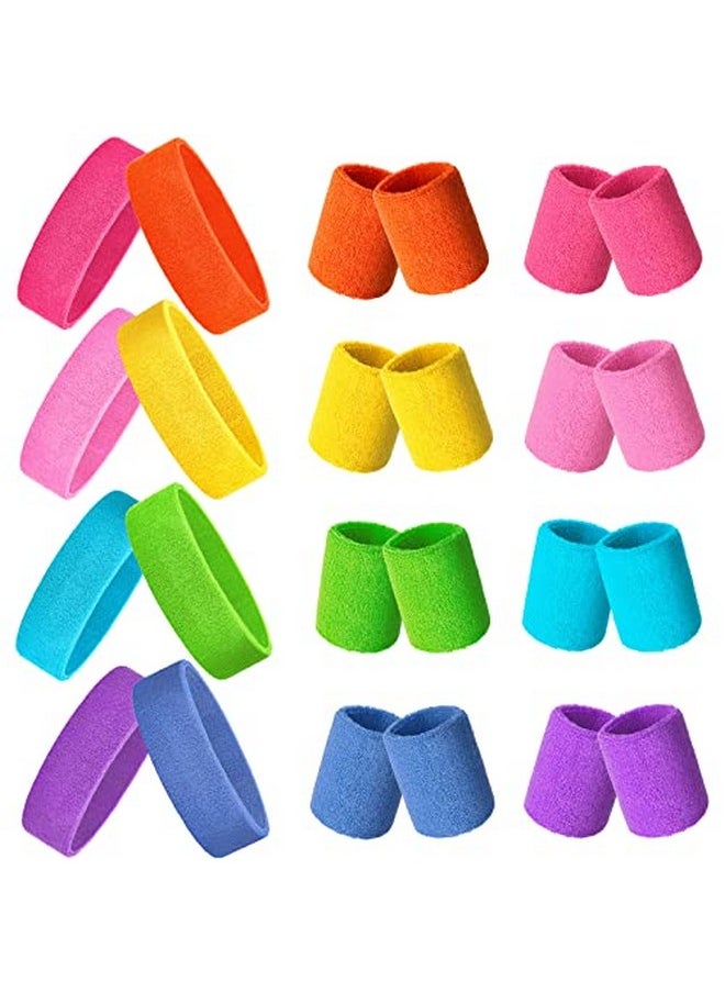 Skylety - 24 Pieces 80S Neon Sweatbands Set Include 8 Sports Headbands And 16 Sweat Wristbands Elastic Athletic Sweat Bands Bulk For Man Woman 80S Party (Bright Colors) - Image 1