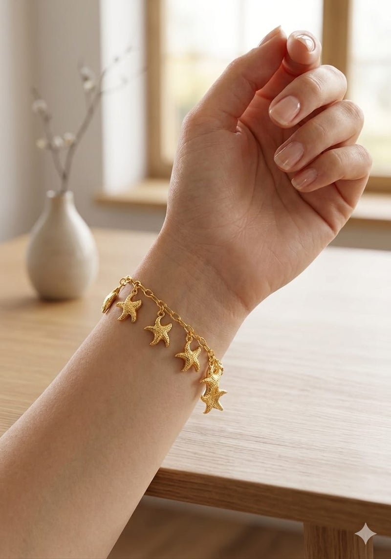 Delicate Link Chain Charm Bracelet Adorned with Multiple Starfish Pendants - Trendy Summer Ocean Wristband