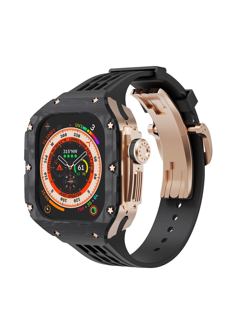 Generic Carbon Fiber Case + Fluororubber Band for Apple Watch Ultra 2 / Ultra 49mm, with Titanium Alloy Middle Frame, Luxury Richard RM Modification Kit, Black-Rose Gold-Black (Not Watch)  - Image 1