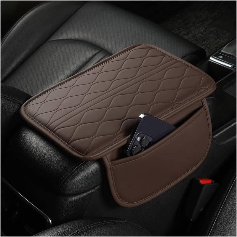 Sandfren Car Center Console Cover, Leather Vehicle Armrest Seat Box Pad Cushion with 2 Storage Bags, Automotive Interior Arm Rest Protector Accessories, Universal for SUV, Sedan, Truck (Coffee) - Image 1