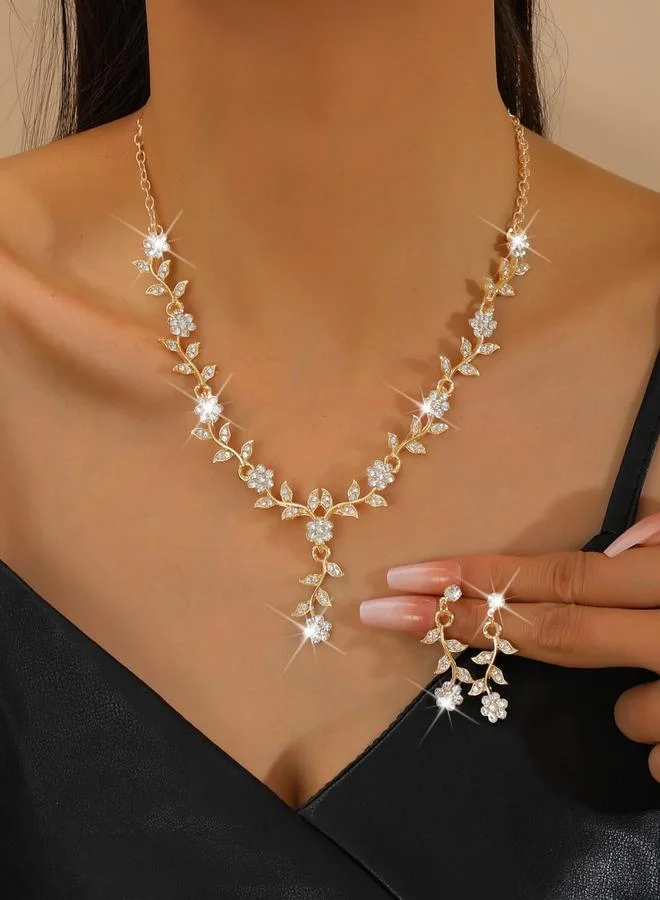 تايك تو طقم مجوهرات قلادة وأقراط مزينة بأحجار الراين أزهار قطعتين