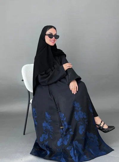 Lusin Abaya Black Abaya with Elegant Blue  Embroidery at the Bottom