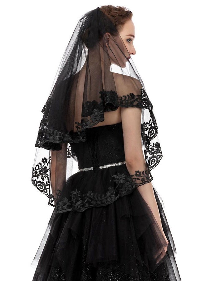 Pamor Black Lace Veil Creative Mantilla Cathedral Tulle Sheer Wedding Halloween Veil for Bride With Comb - Image 2
