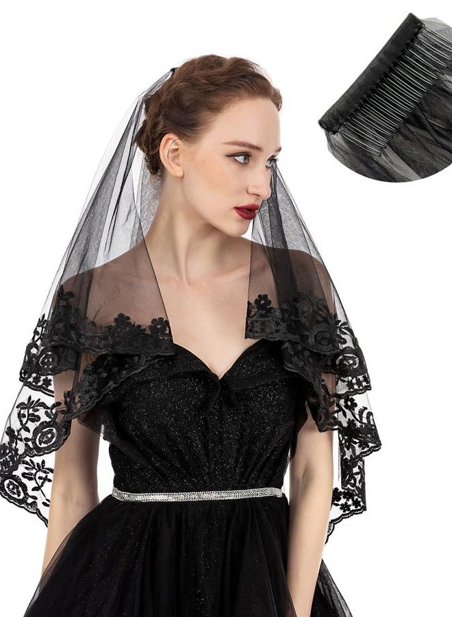 Pamor Black Lace Veil Creative Mantilla Cathedral Tulle Sheer Wedding Halloween Veil for Bride With Comb - Image 1